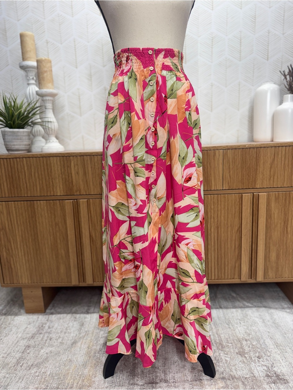 eesome Fuchsia Pink Tropical Button-Front Maxi Skirt